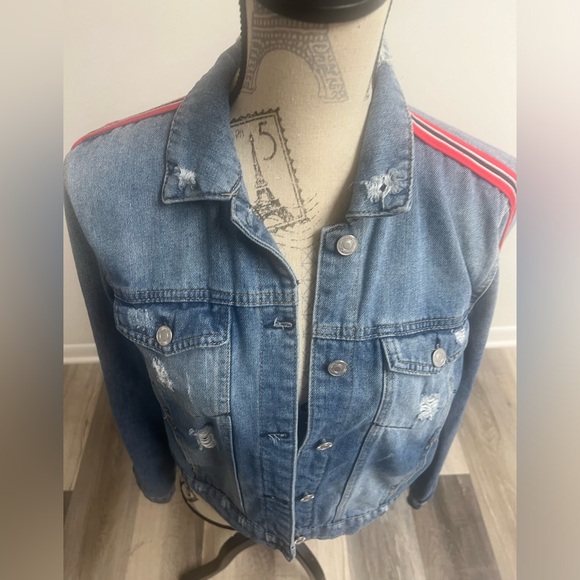 Red Striped Distressed Jean Jacket! - Picture 3 of 13